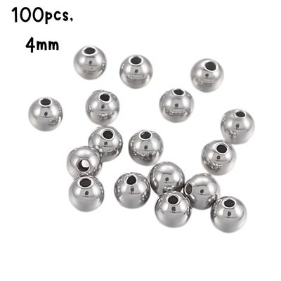 Stainless Steel Round Beads, 100pcs, 4mm, Hole 1.2mm, 21gms/0.74oz