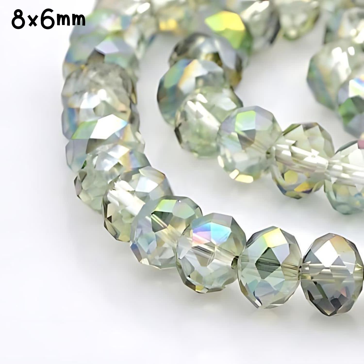 8x6mm Faceted Rondelles, Approx 65pcs, 16&quot; Strand, Transparent Sahara Green Plated AB, Hole 1mm, Glass Beads, 29gms/1.02oz