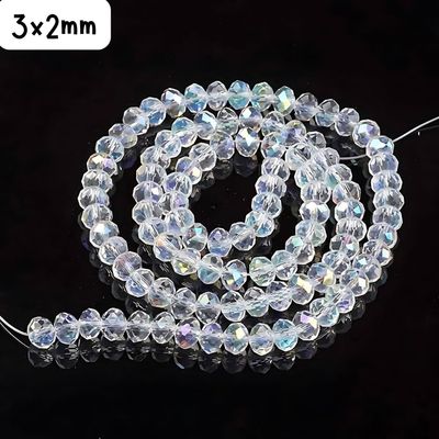 3x2mm Faceted Rondelles, Approx 110pcs, 13" Strand, Crystal Ab Plated, Hole 0.5mm, Glass Beads, 7gms/0.25oz