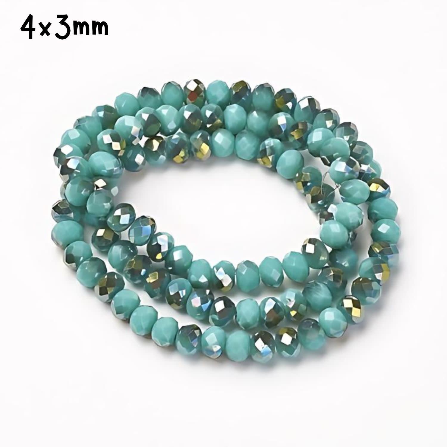 4x3mm Faceted Rondelles, Approx 145pcs, Opaque Turquoise Half Plated, Hole 0.5mm, Glass Beads, 21gms/0.74oz