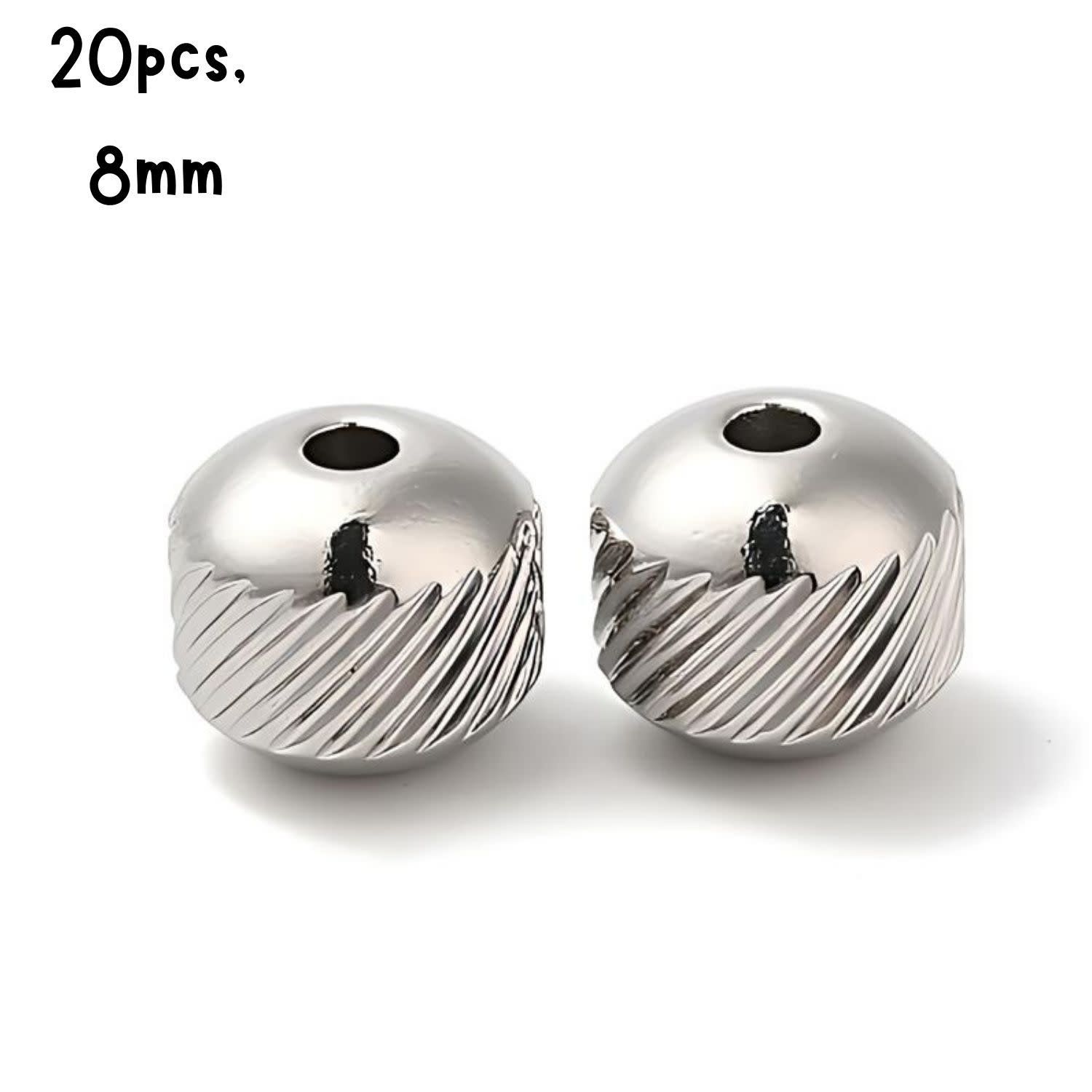 Stainless Steel Slanted Grooves Round Beads, 20pcs, 8mm, Hole 2mm, 46gms/1.62oz