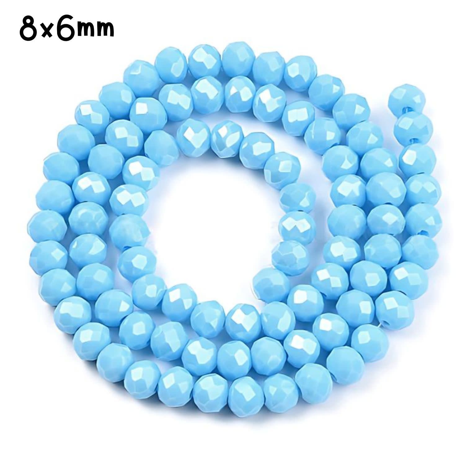 8x6mm Faceted Rondelles, Approx 65pcs, 16&quot; Strand, Opaque Deep Sky Blue Pearl Luster Plated, Hole 1mm, Glass Beads, 29gms/1.02oz