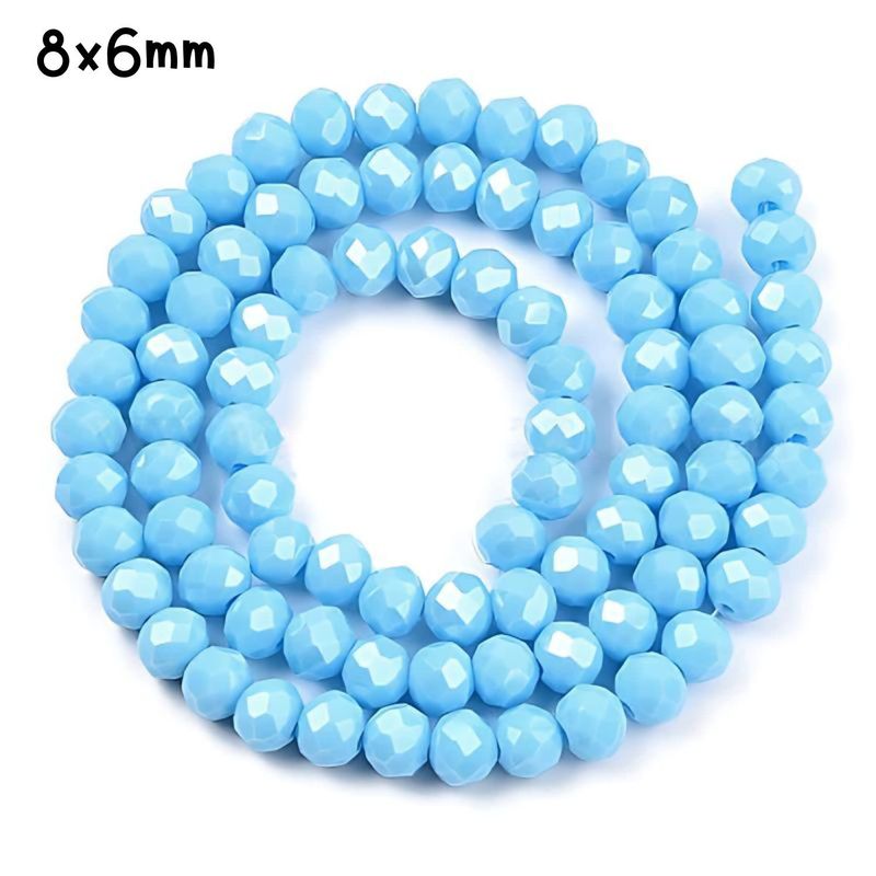 8x6mm Faceted Rondelles, Approx 65pcs, 16&quot; Strand, Opaque Deep Sky Blue Pearl Luster Plated, Hole 1mm, Glass Beads, 29gms/1.02oz