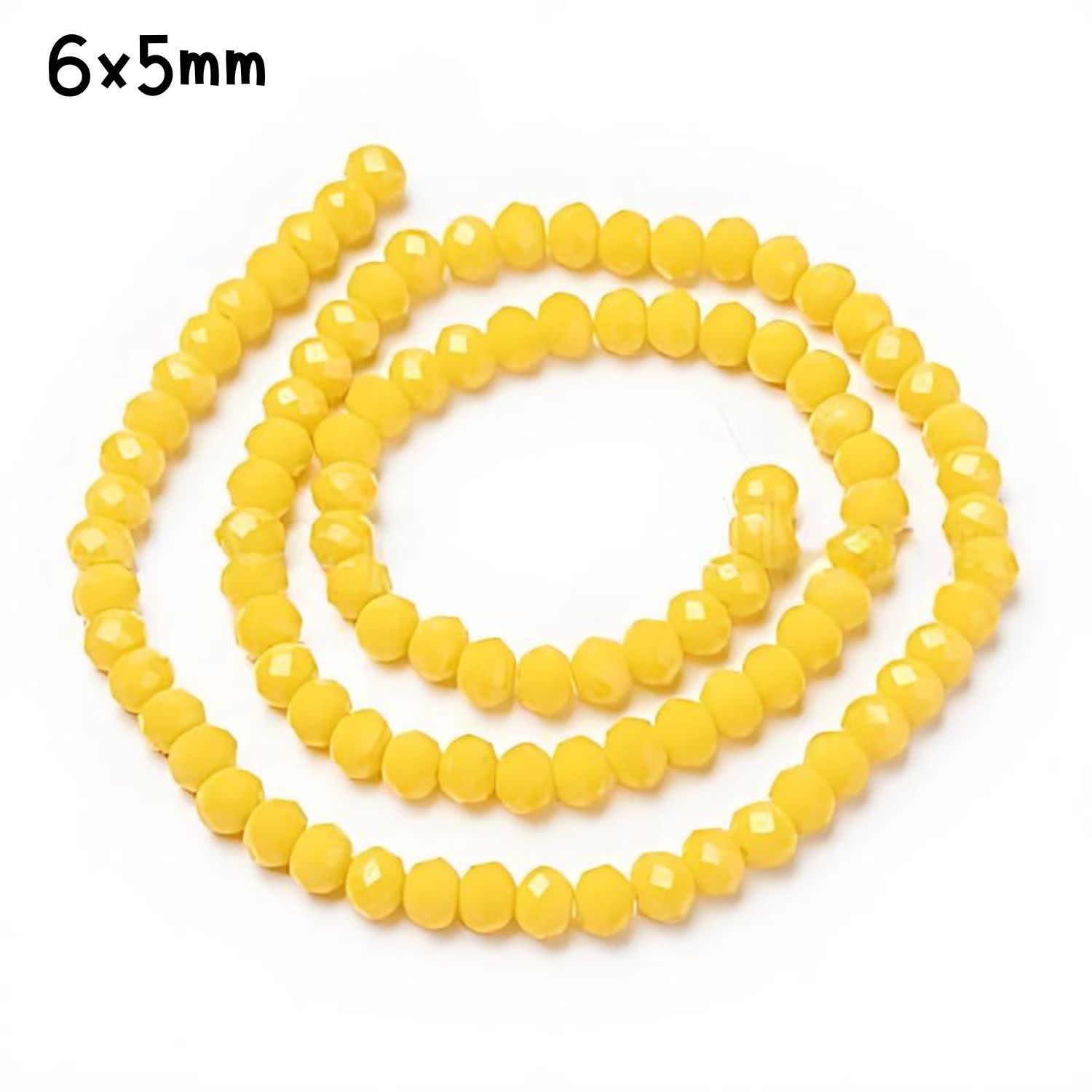 6x5mm Faceted Rondelles, Approx 90pcs, 16&quot; Strand, Opaque Yellow, Hole 1mm, Glass Beads, 18gms/0.64oz