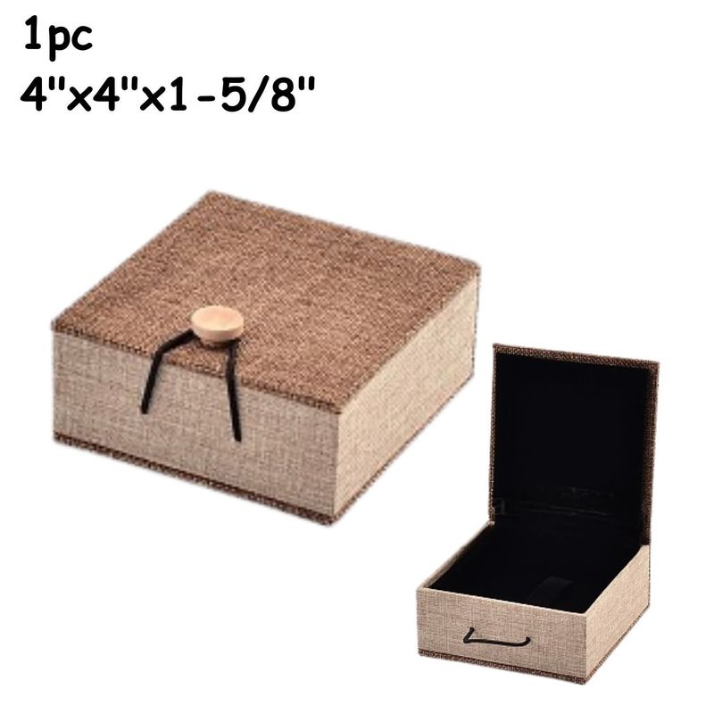 4&#39;&#39;x4&#39;&#39;x1-5/8&#39;&#39; Square Burlap Wood Box, 1pc, Black Velvet Insert, 126gms/4.45oz