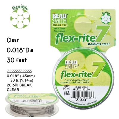 Flexrite, 7 Strands, Beading Wire/Cord, Stainless Steel, 30 Feet, Clear, .018&#39;&#39;/0.5mm, 0.5oz