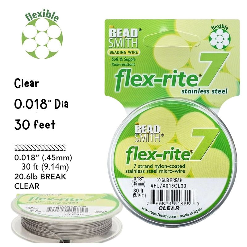 Flexrite, 7 Strands, Beading Wire/Cord, Stainless Steel, 30 Feet, Clear, .018''/0.5mm, 0.5oz