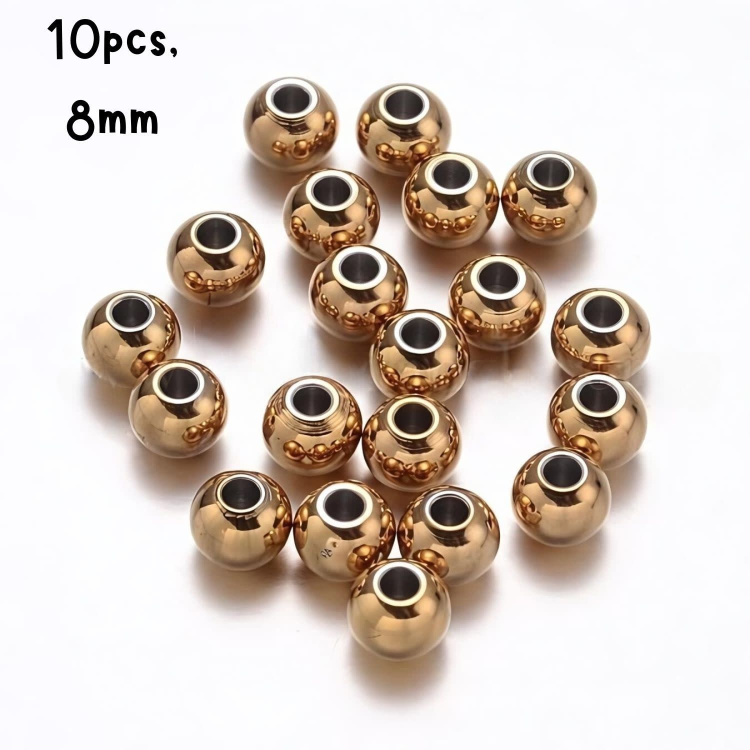 Golden Bronze Stainless Steel Round Beads, 10pcs, 8mm, Hole 2.2mm, 15gms/0.53oz