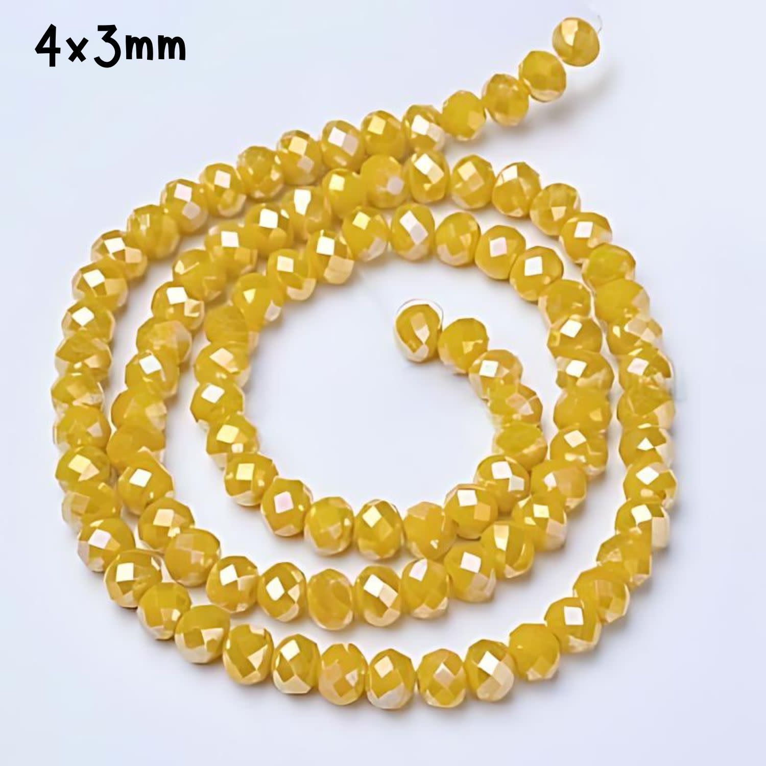 4x3mm Faceted Rondelles, Approx 130pcs, 16&quot; Strand, Opaque Yellow Ab Plated, Hole 0.5mm, Glass Beads, 12gms/0.42oz