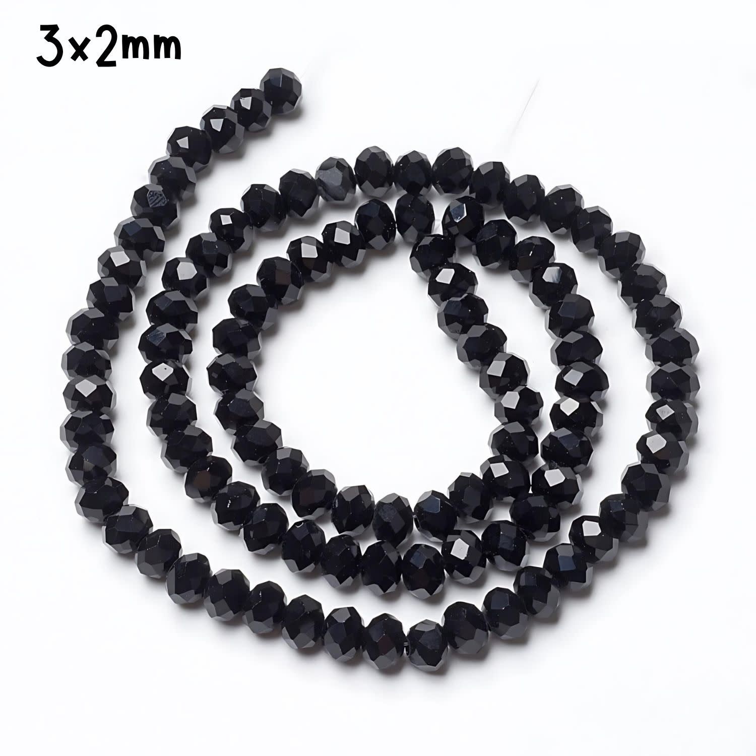 3x2mm Faceted Rondelles, Approx 185pcs, 15&quot; Strand, Opaque Black, Hole 0.8mm, Glass Beads, 11gms/0.39oz