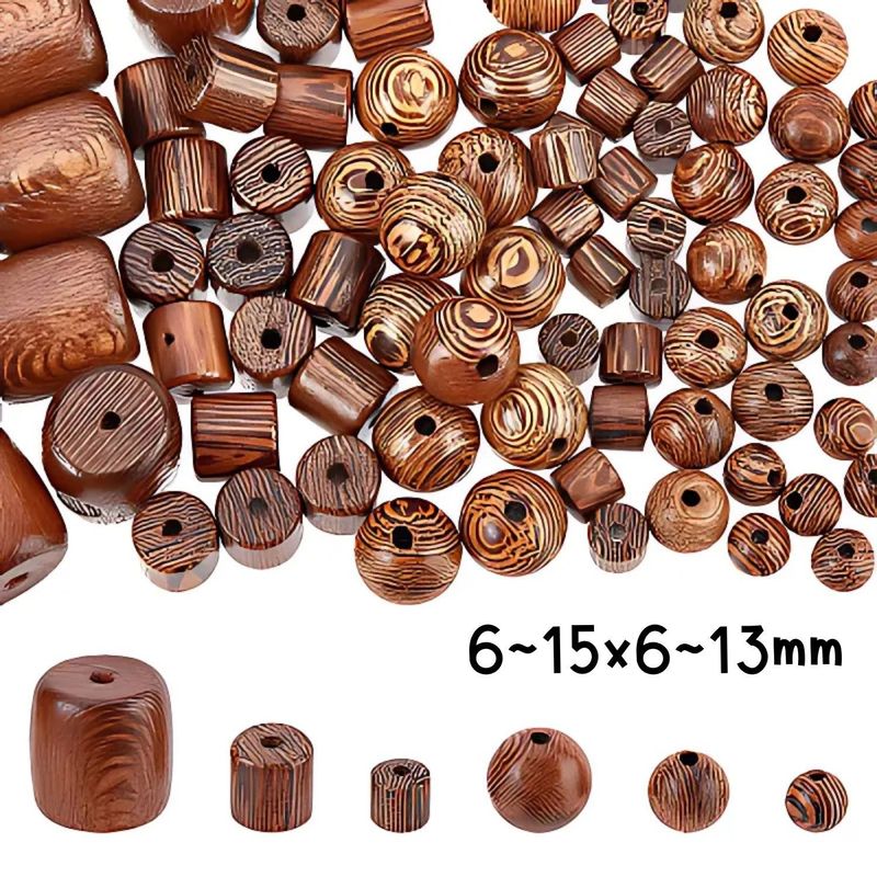 6 Styles of Natural Wenge Wood Beads, 120pcs (20pcs per style), Round &amp; Barrel, 6~14.5x6~13mm, Hole 1~2mm, 90gms/3.18oz