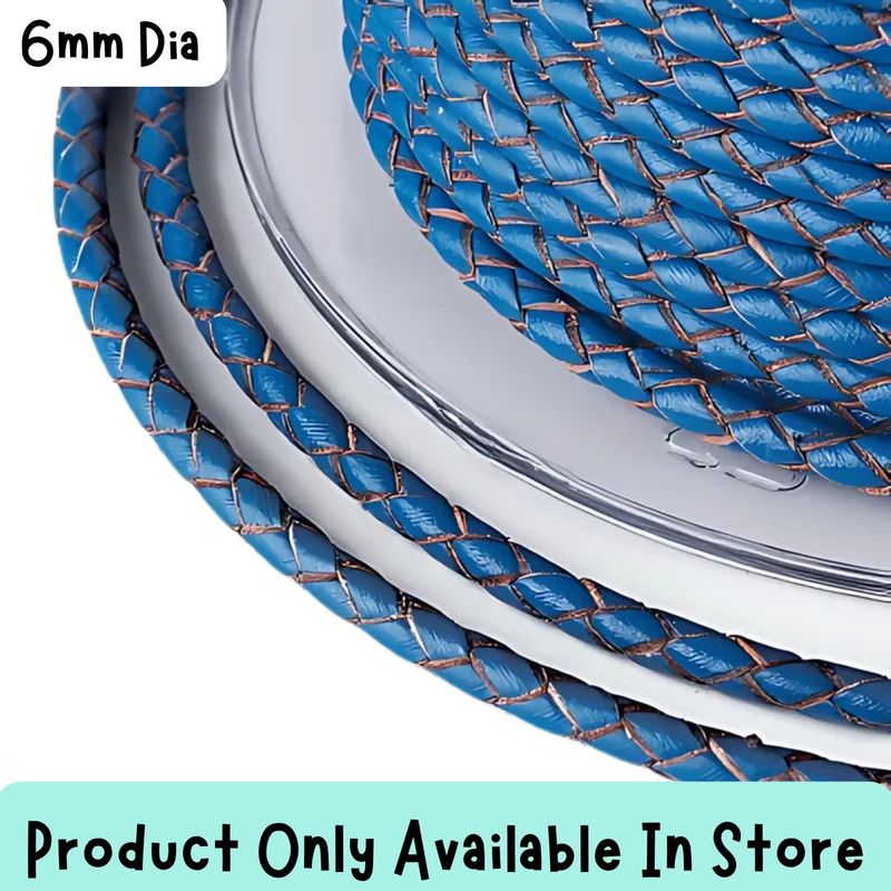 6mm Blue, Braided Round Leather Cord, sold by the inch