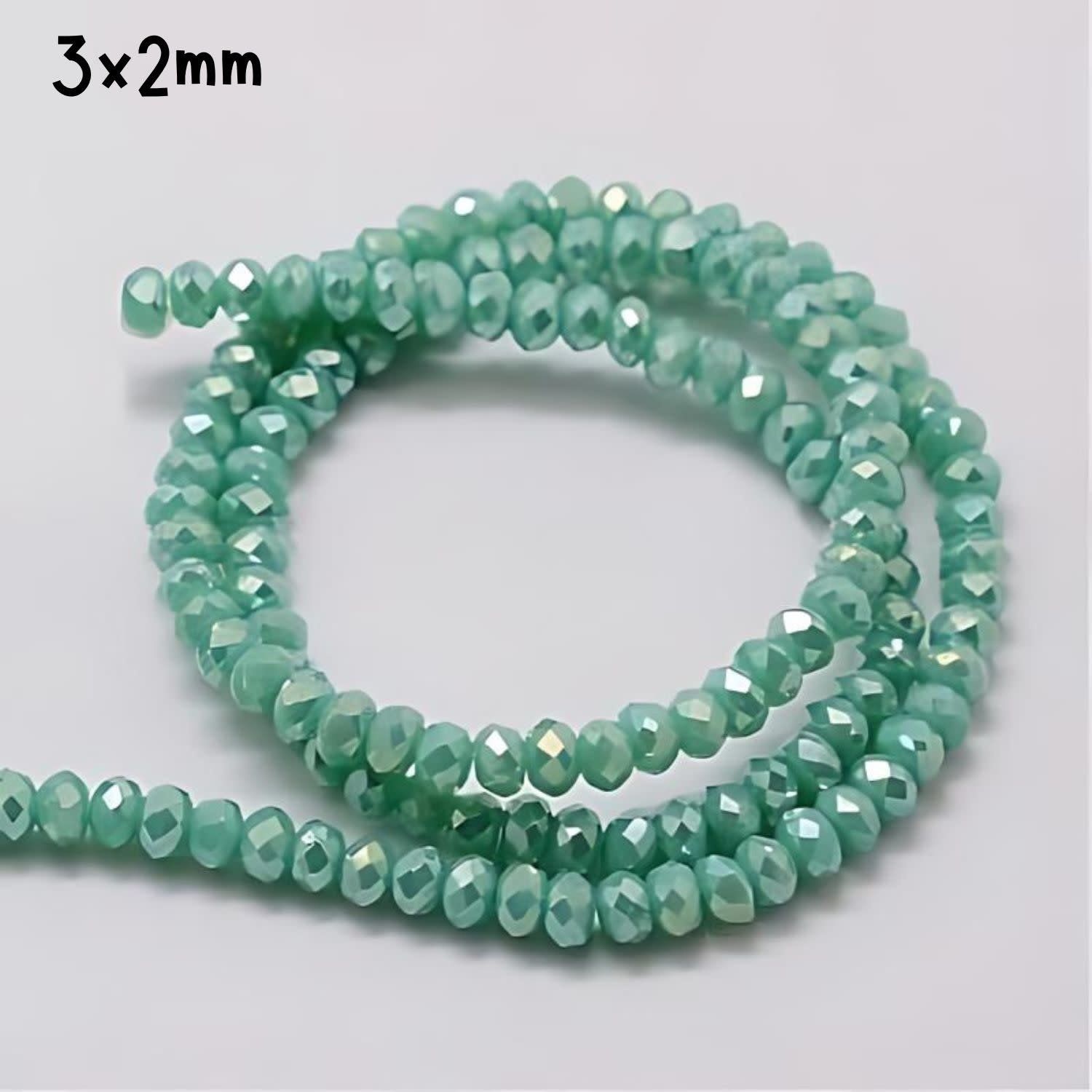 3x2mm Faceted Rondelles, Approx 125pcs, 15&quot; Strand, Opaque Green Turquoise Rainbow Plated, Hole 1mm, Glass Beads, 7gms/0.25oz