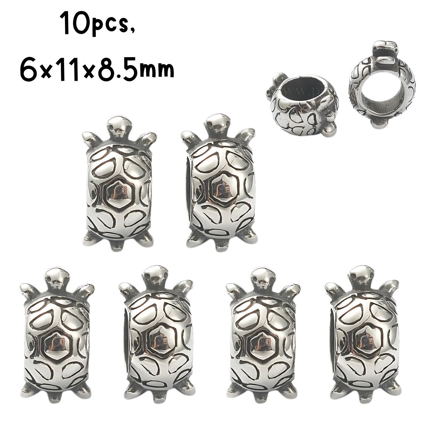 Stainless Steel Turtle Bead, 10pcs, 6x11x8.5mm, Hole 5mm, Fits 5mm Cords, 11gms/0.39oz