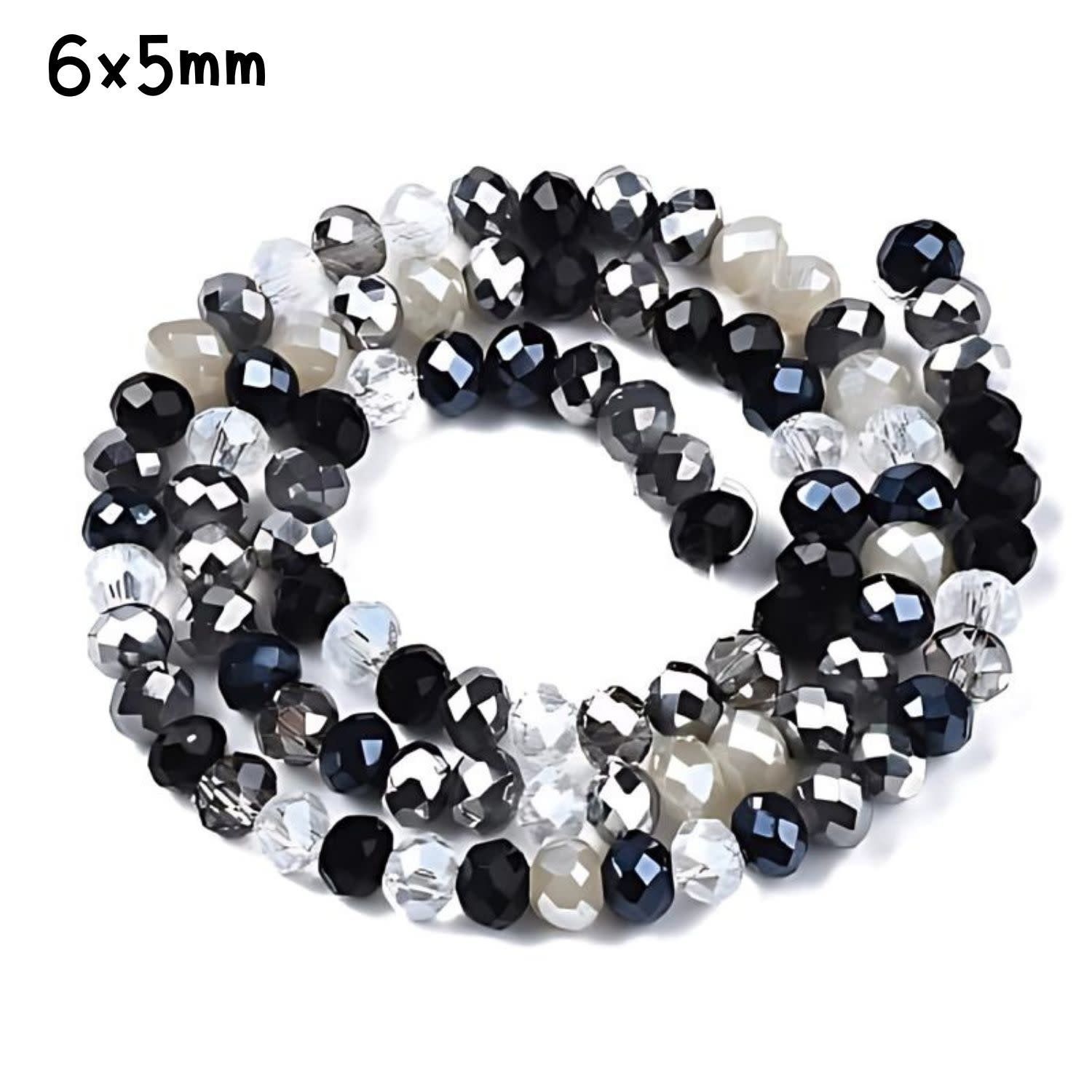 6x5mm Faceted Rondelles, Approx 90pcs, 16&quot; Strand, Mixed Black Grey Tones, Hole 1mm, Glass Beads, 18gms/0.64oz
