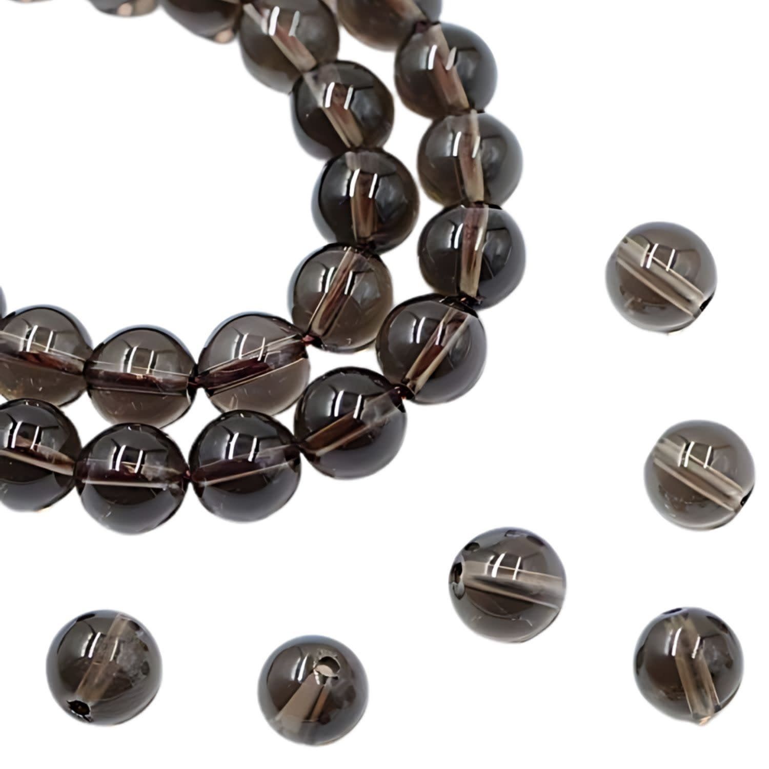 10mm Smoky Quartz, 7.5&quot; Strand, 19 Beads, Round, Natural, 1mm Hole, Gemstones, 1.05oz