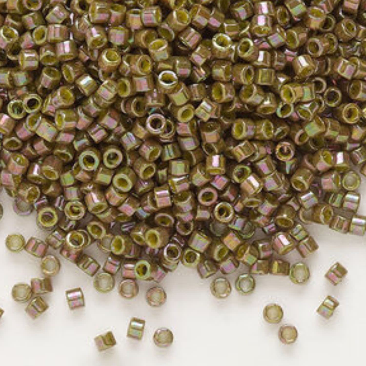 #11 Delica Seed Beads, Opaque Oliver Green Ab/Rainbow Luster, DB133-TB, Approx 1440 Beads, 1 two inch tube, 7.2 grams