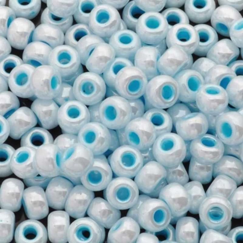 #8 Miyuki Rocailles Seed Beads - Aqua Lined White Pearl Blue, Approx 440 Beads, 10 Grams/0.35oz