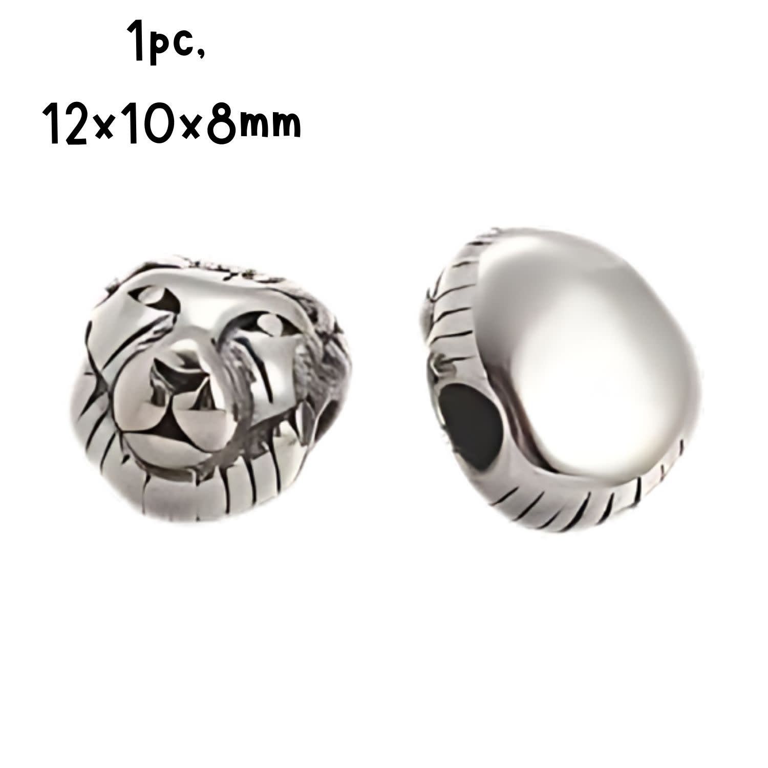 Stainless Steel Lion Head Bead, 1pc, 12x10x8mm, Hole 3mm, 5gms/0.18oz