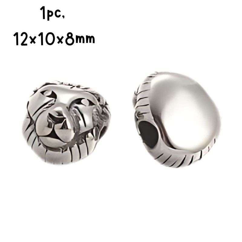 Stainless Steel Lion Head Bead, 1pc, 12x10x8mm, Hole 3mm, 5gms/0.18oz