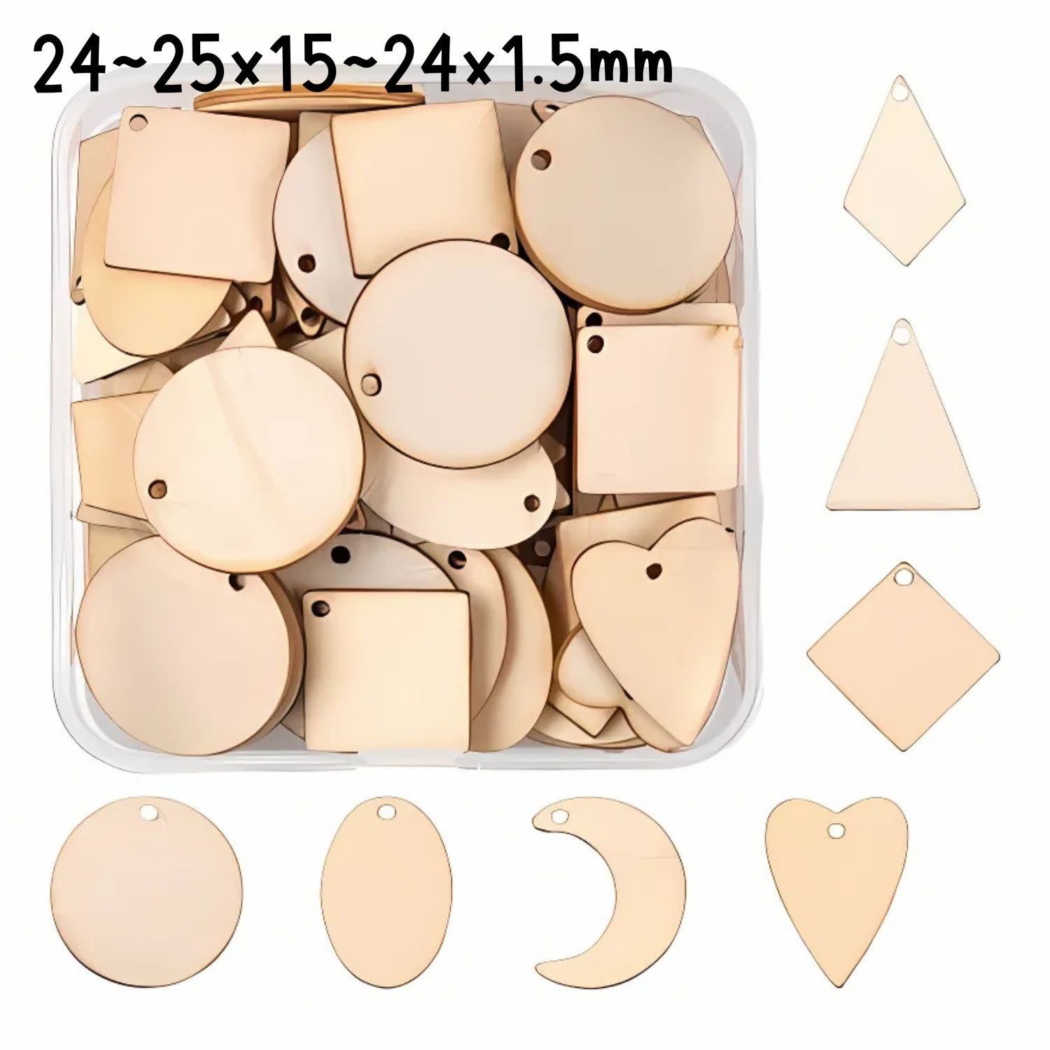 Natural Wood Laser Cut Unpainted, Approx 70pcs, 7 Shapes &amp; 10pcs Per Shape, 24~25x15~24x1.5mm, Charms/Pendants/Beads, 77gms/2.71oz