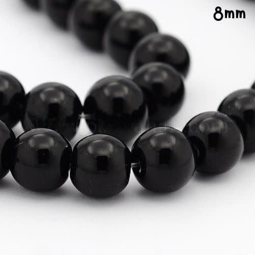 8mm Glass Beads, Approx 40pcs, 12&quot; Strand, Opaque Black, Hole 1mm, 30gms/1.06oz