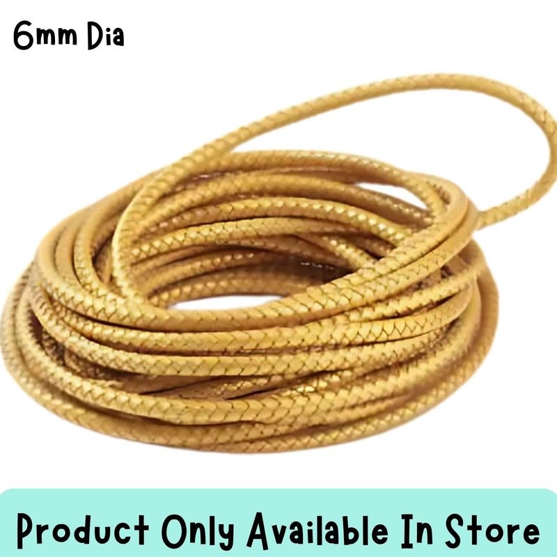 6mm Gold, Braided Round Leather Cord, sold by the inch