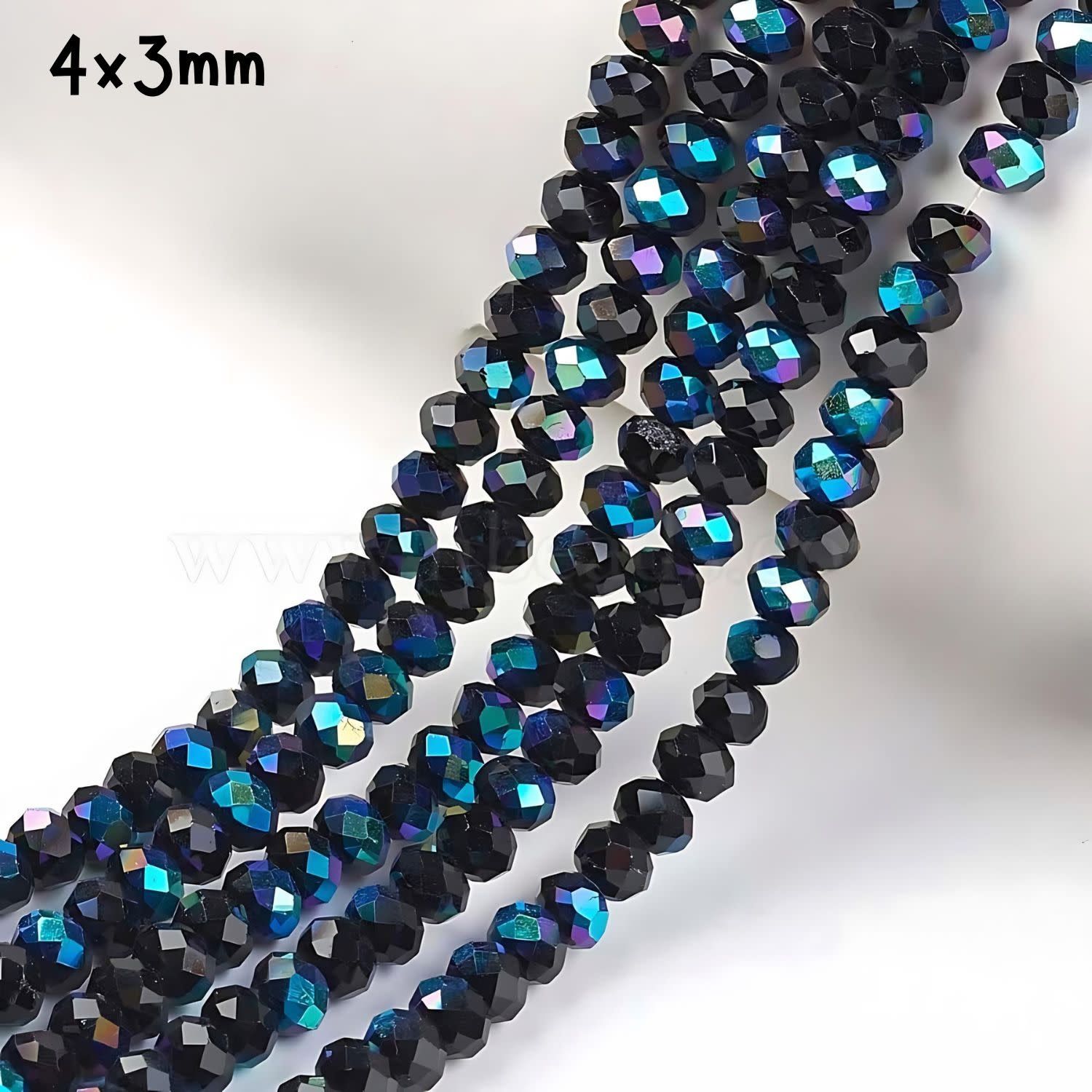 4x3mm Faceted Rondelles, Approx 125pcs, 15&quot; Strand, Opaque Black Ab Half  Blue Plated, Hole 0.5mm, Glass Beads, 12gms/0.42oz