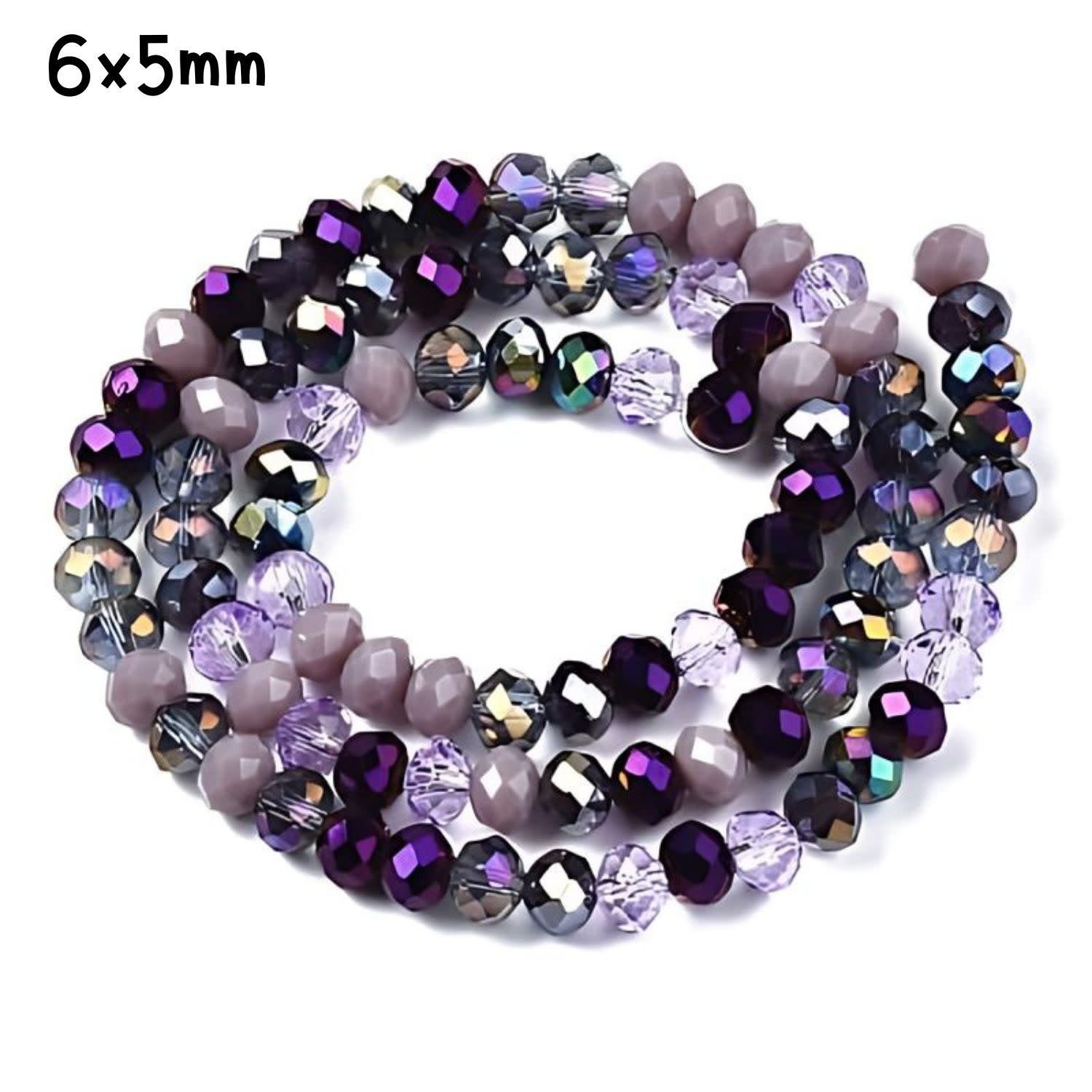6x5mm Faceted Rondelles, Approx 90pcs, 16&quot; Strand, Mixed Purple/Lilac Tones, Hole 1mm, Glass Beads, 18gms/0.64oz
