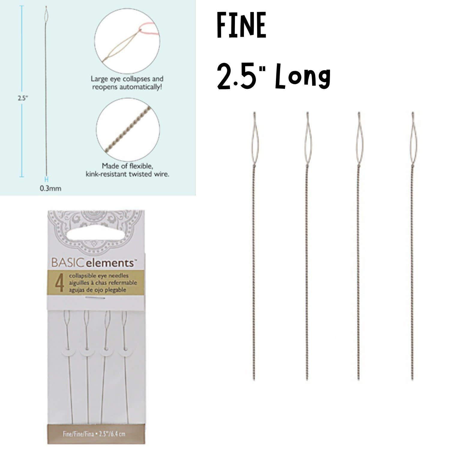 2.5&quot; Fine Collapsible Eye Needles, 0.30mm Diameter, 4Pcs, 1gms/0.04oz