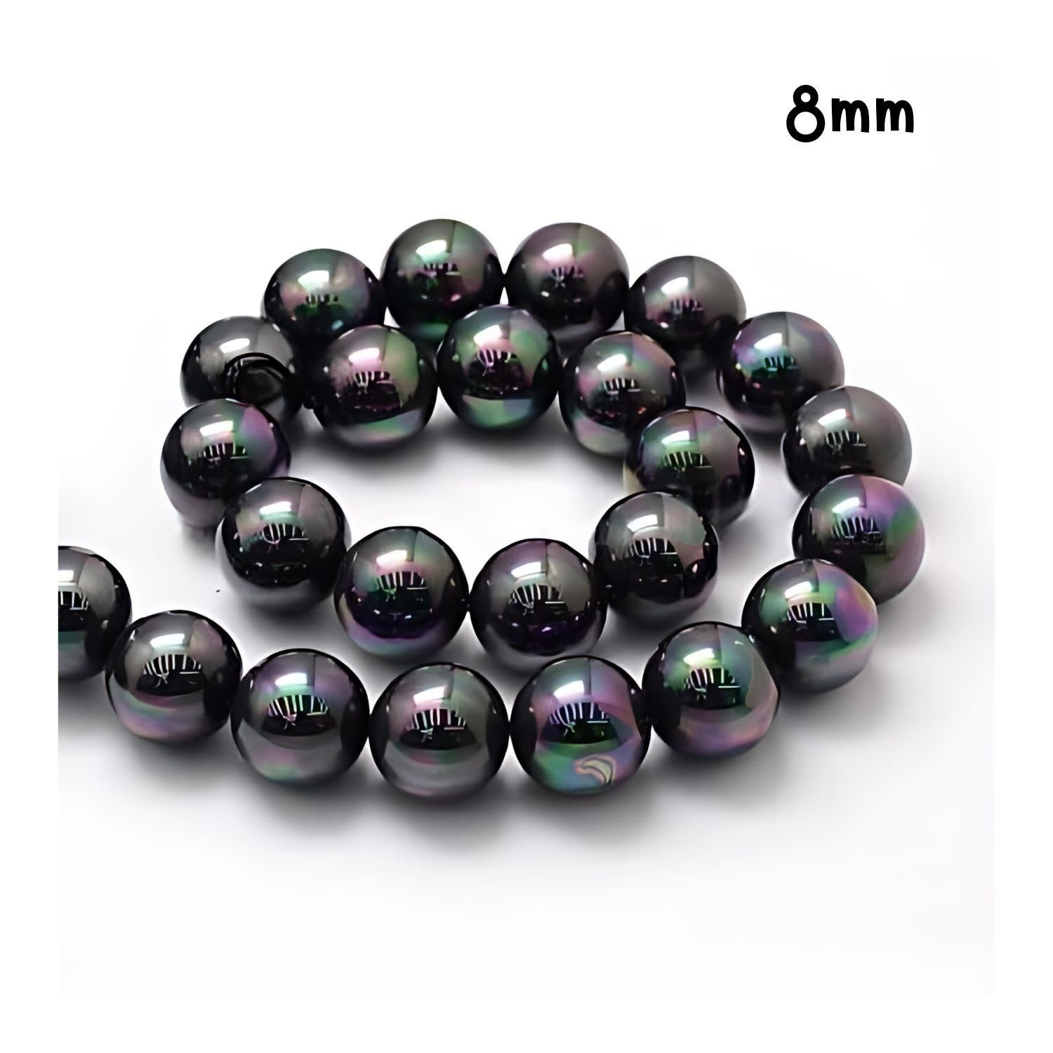 8mm Shell Pearls Round, Approx 50Pcs, 16&quot; Strand, Rainbow Plated Black, Hole 1mm, 43gms/1.52oz