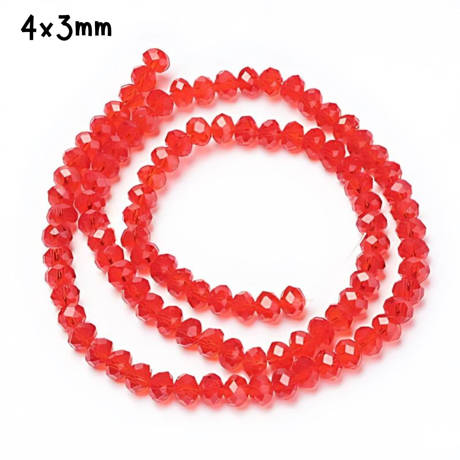 4x3mm Faceted Rondelles, Approx 125pcs, 15&quot; Strand, Transparent Red, Hole 0.5mm, Glass Beads, 12gms/0.42oz