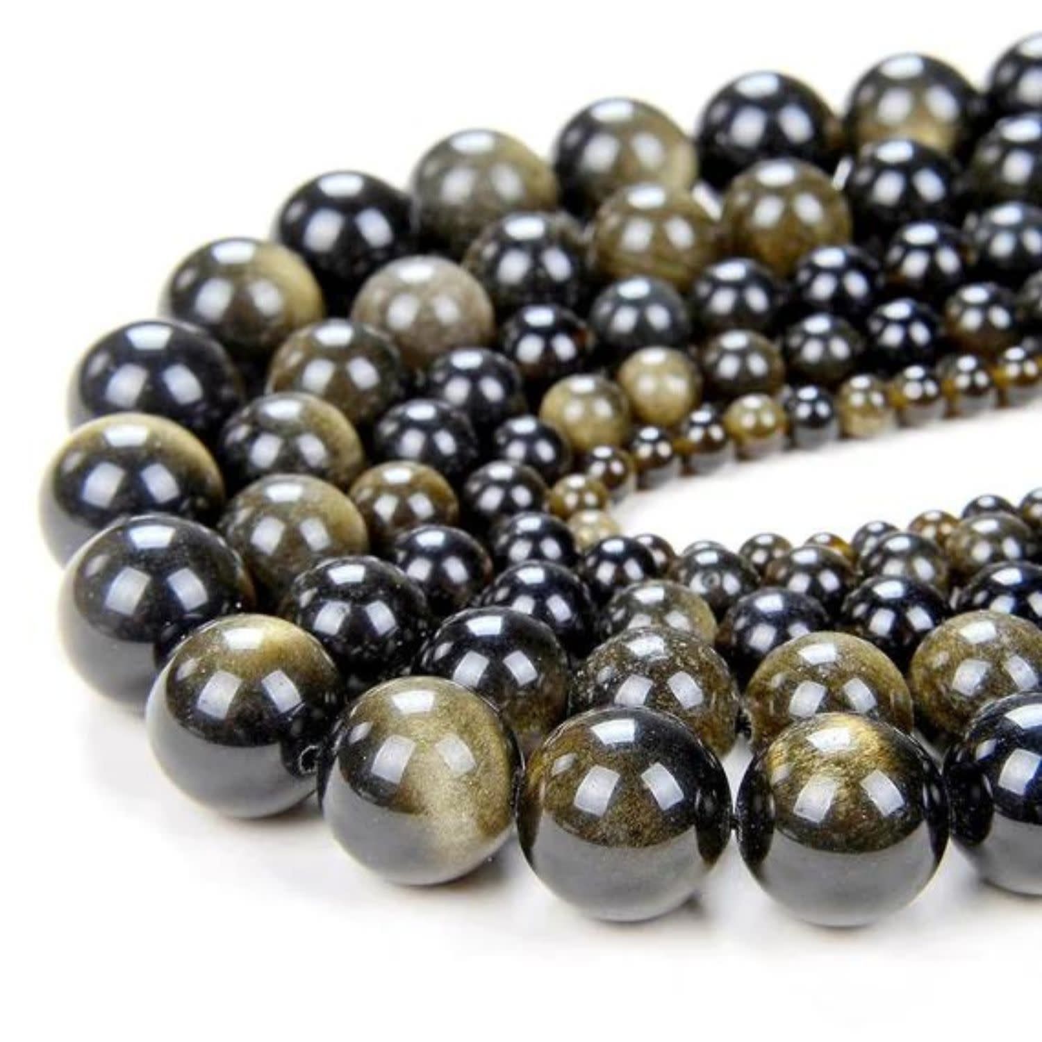 10mm Golden Sheen Obsidian, 8&#39;&#39; Strand, 19 Beads, Round, Natural, 1mm Hole, Gemstones, 0.91oz