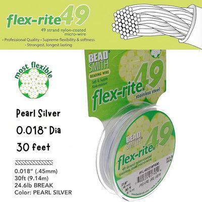 Flexrite, 49 Strands, Beading Wire/Cord, Stainless Steel, 30 Feet, Pearl Silver , 0.018''/0.5mm, 0.5oz