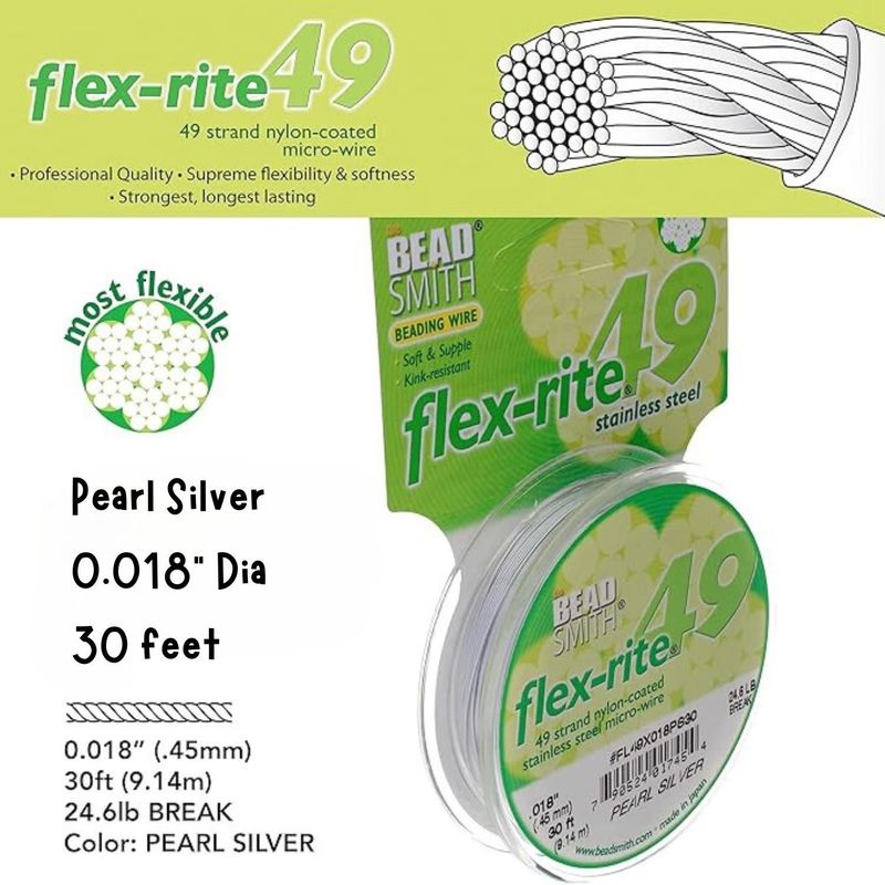 Flexrite, 49 Strands, Beading Wire/Cord, Stainless Steel, 30 Feet, Pearl Silver , 0.018&#39;&#39;/0.5mm, 0.5oz