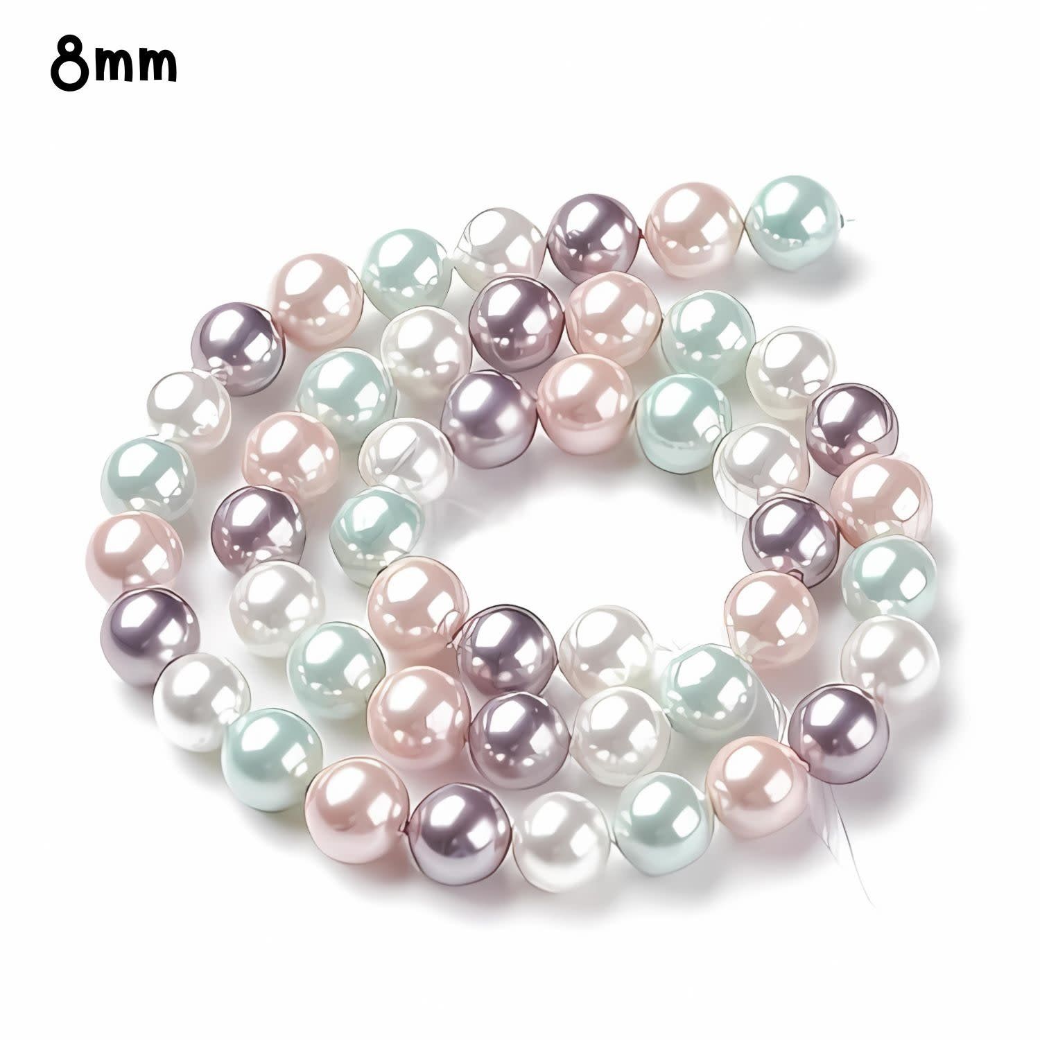 8mm Shell Pearls Round, Approx 50Pcs, 16&quot; Strand, Green Lilac White, Grade A, Hole 1mm, 43gms/1.52oz