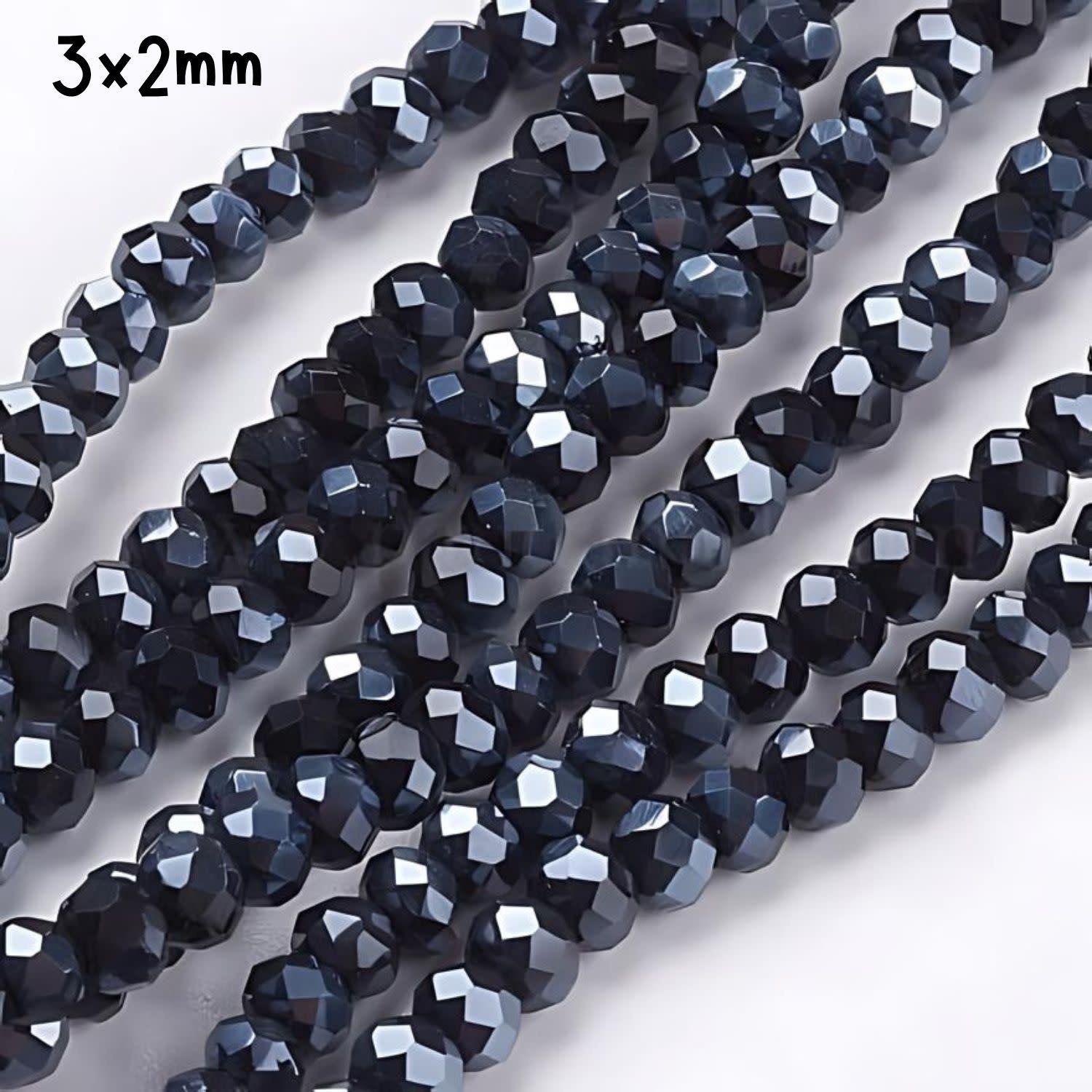 3x2mm Faceted Rondelles, Approx 140pcs, 13&quot; Strand, Hematite Full Plated, Hole 0.5mm, Glass Beads, 8gms/0.28oz