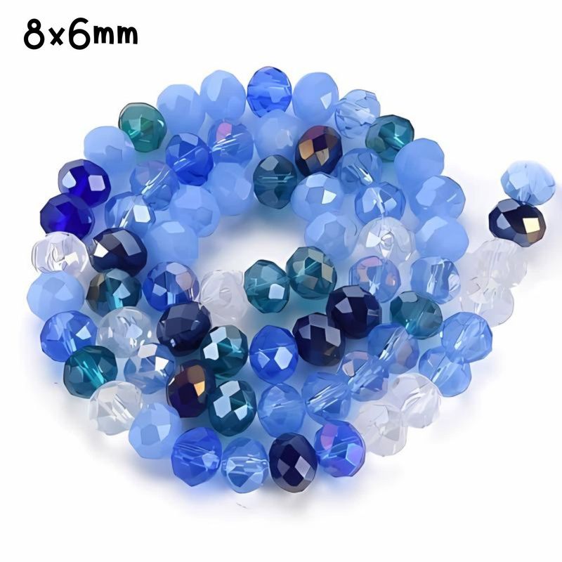 8x6mm Faceted Rondelles, Approx 65pcs, 16&quot; Strand, Mixed Blue Tones Plated AB, Hole 1mm, Glass Beads, 29gms/1.02oz
