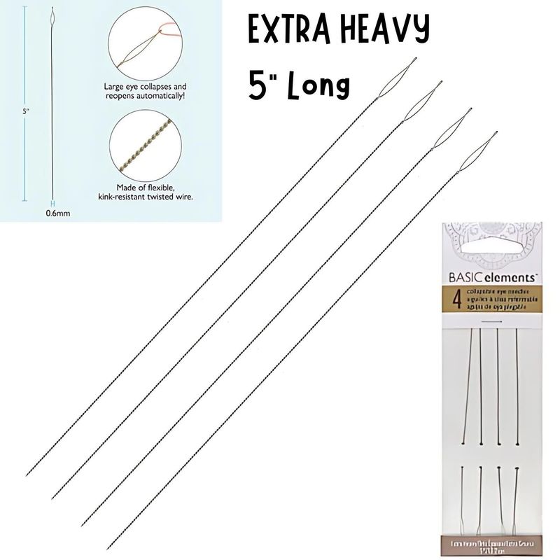 5&quot; Extra Heavy Collapsible Eye Beading Needles, 4Pcs, 0.60mm Diameter, 5gms/0.18oz