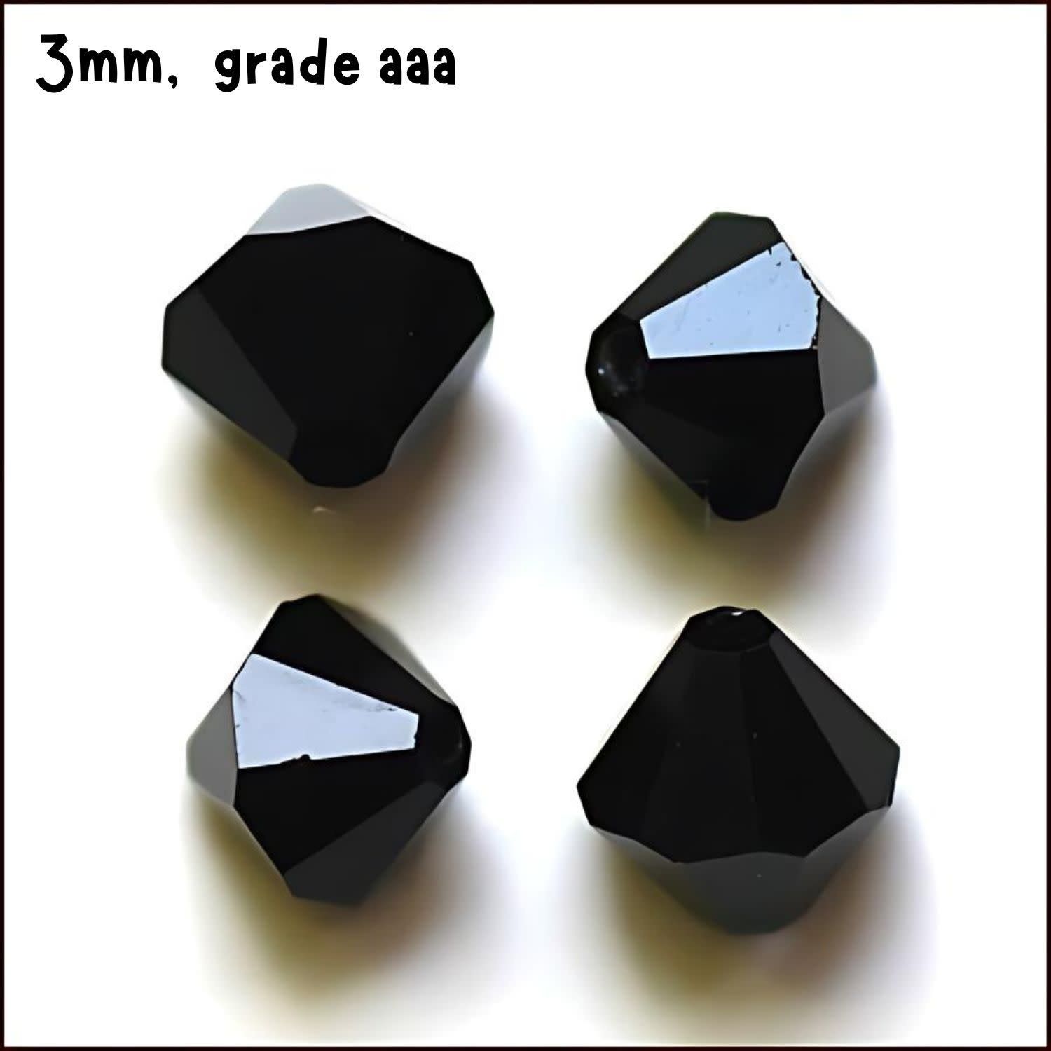 3mm Bicones, Opaque Black, Approx 100pcs, Hole 0.7mm, Grade AAA, Glass Beads, 3gms/0.11oz