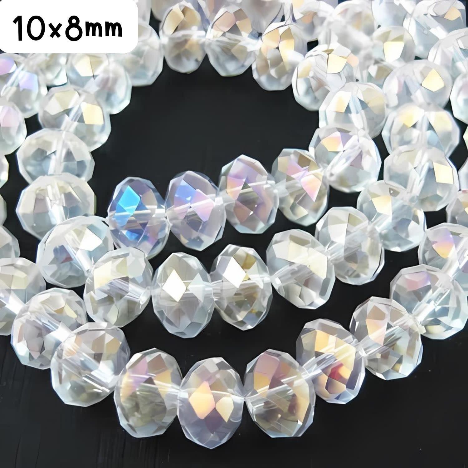 10x8mm Faceted Rondelles, Approx 65pcs, 18&quot; Strand, Transparent Crystal Plated AB, Hole 1mm, Glass Beads, 61gms/2.15oz