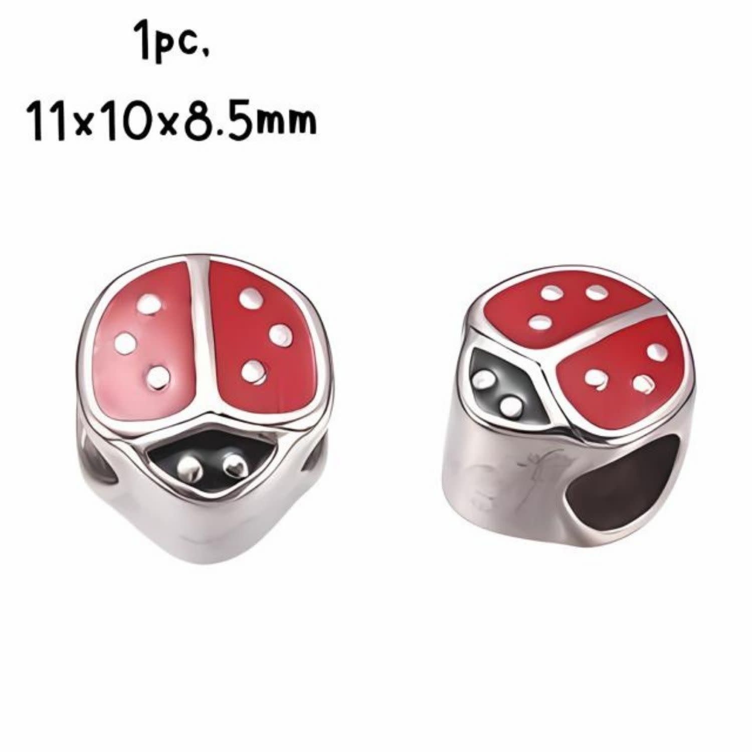 Stainless Steel Ladybug Bead, 1pc, 11x10x8.5mm, Red Enamel,  Hole 5mm, Fits Pandora, 4gms/0.14oz