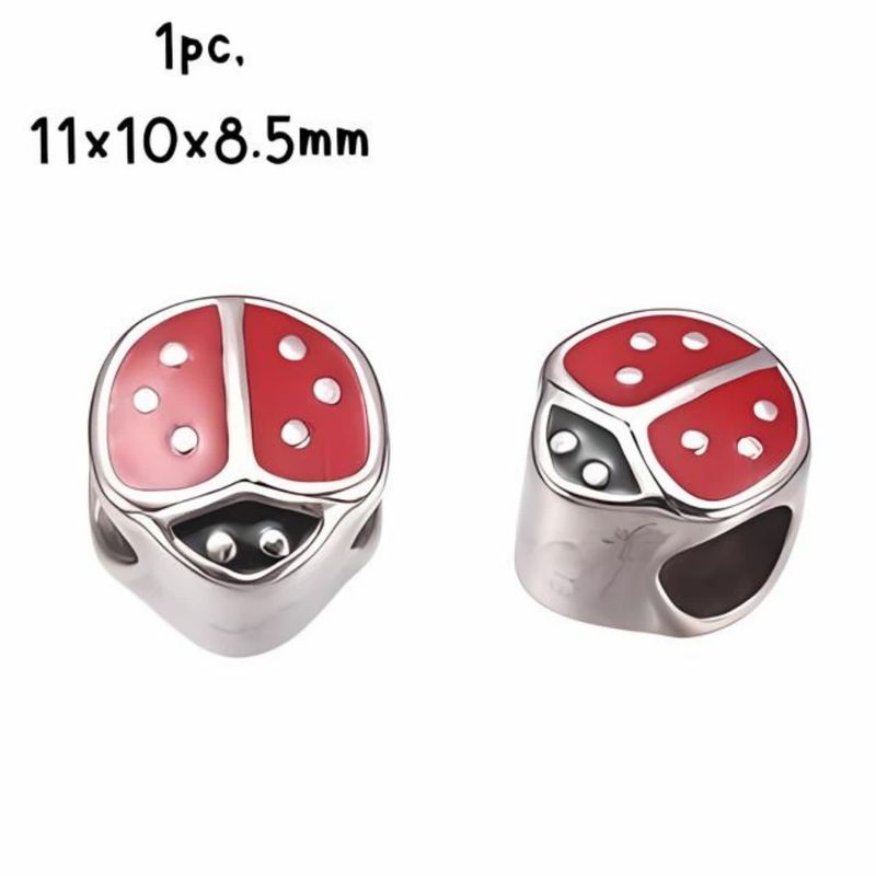 Stainless Steel Ladybug Bead, 1pc, 11x10x8.5mm, Red Enamel,  Hole 5mm, Fits Pandora, 4gms/0.14oz