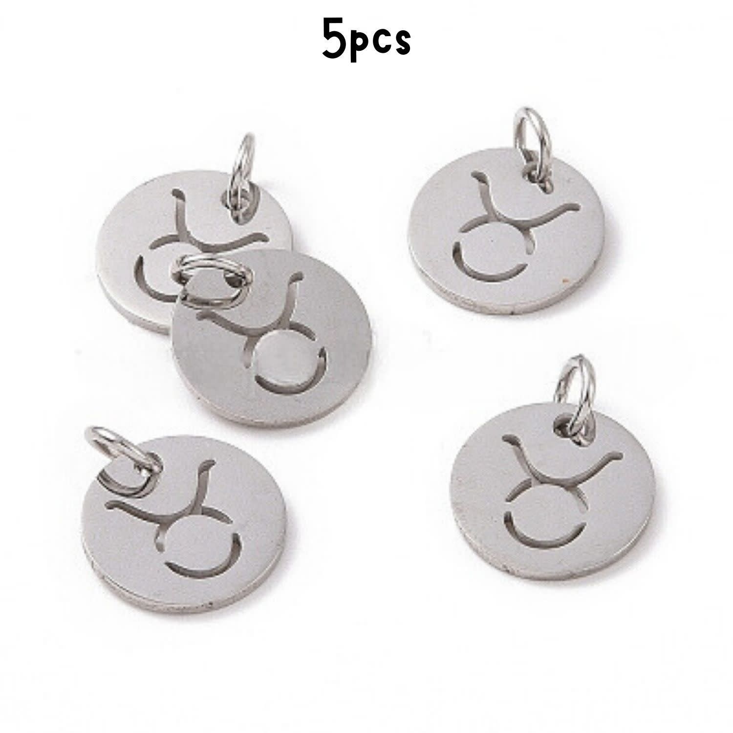 Taurus Stainless Steel, 5pcs, 12x1mm, 5x0.8mm Jumprings, 2mm Hole, Zodiac Charms/Pendants, 5gms/0.18oz