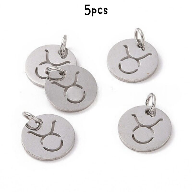 Taurus Stainless Steel, 5pcs, 12x1mm, 5x0.8mm Jumprings, 2mm Hole, Zodiac Charms/Pendants, 5gms/0.18oz