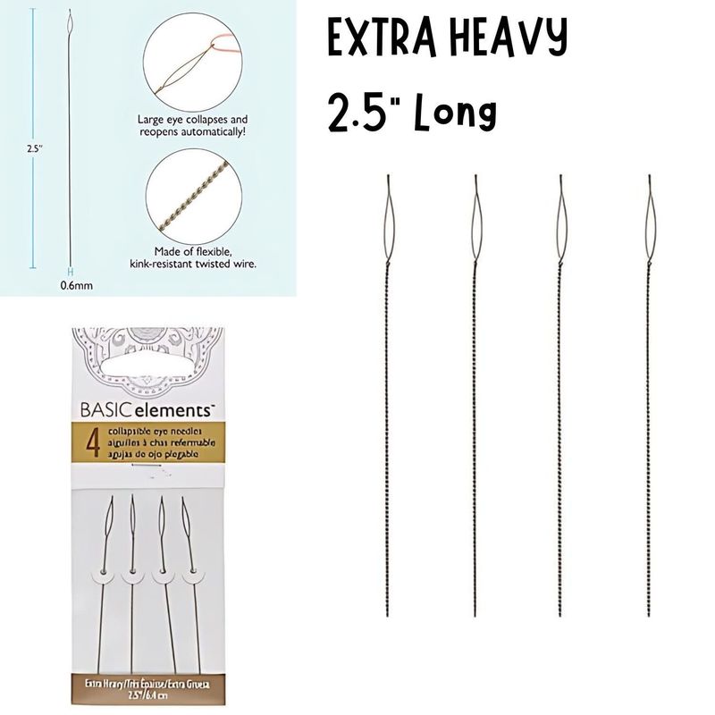 2.5&quot; Extra Heavy Collapsible Eye Beading Needles, 4Pcs, 0.60mm Diameter, 4gms/0.14oz
