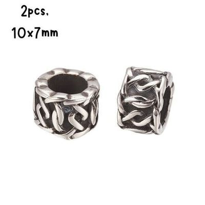 Stainless Steel Cylinder Rope Twist Beads, 2pcs, 10x7mm, Hole 6mm, 4gms/0.14oz