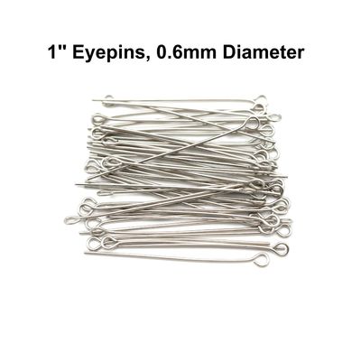 1" Stainless Steel Eye Pins/Eyepins, Approx 100pcs, 0.6mm/22 Guage, 2mm Hole, 11gms/0.39oz