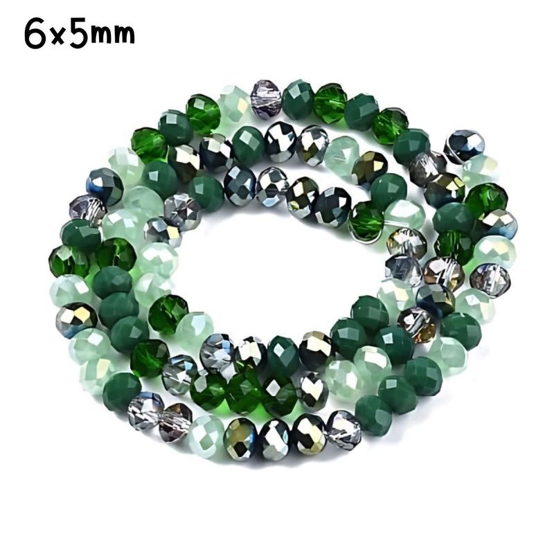 6x5mm Faceted Rondelles, Approx 90pcs, 16&quot; Strand, Mixed Green Tones, Hole 1mm, Glass Beads, 18gms/0.64oz