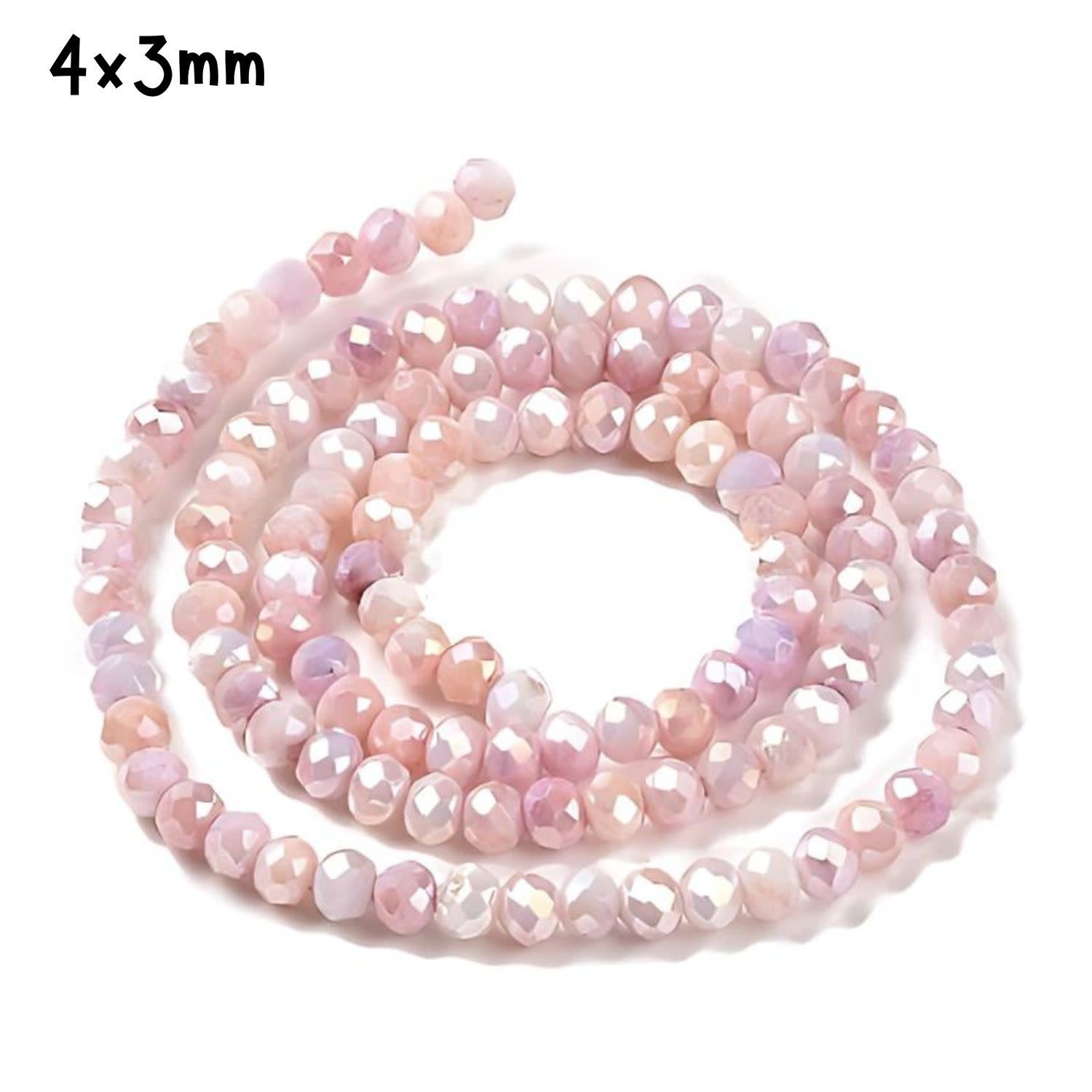 4x3mm Faceted Rondelles, Approx 120pcs, 14&quot; Strand, Pink Ab Plated, Hole 0.8mm, Glass Beads, 11gms/0.39oz